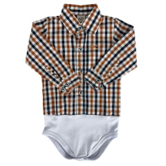 Body Infantil Baby Ranch Estilo Camisa Manga Longa Xadrez Azul/Branco/ Marrom Terra Com Logo Bordado Caramelo Ref:4001