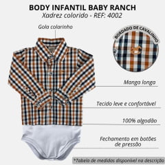 Body Infantil Baby Ranch Estilo Camisa Manga Longa Xadrez Azul/Branco/ Marrom Terra Com Logo Bordado Caramelo Ref:4001