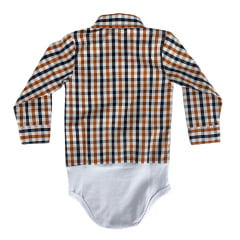 Body Infantil Baby Ranch Estilo Camisa Manga Longa Xadrez Azul/Branco/ Marrom Terra Com Logo Bordado Caramelo Ref:4001