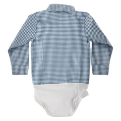 Body Infantil Baby Ranch Estilo Camisa Manga Longa Xadrez Azul E Branco Logo Azul Ref:4001