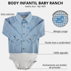 Body Infantil Baby Ranch Estilo Camisa Manga Longa Xadrez Azul E Branco Logo Azul Ref:4001