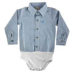 Body Infantil Baby Ranch Estilo Camisa Manga Longa Xadrez Azul E Branco Logo Azul Ref:4001