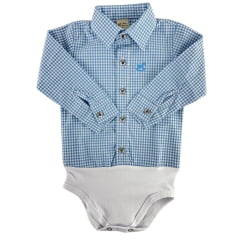 Body Infantil Baby Ranch Estilo Camisa Manga Longa Xadrez Azul E Branco Logo Azul Ref:4001