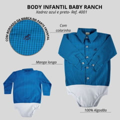 Body Infantil Baby Ranch Estilo Camisa Manga Longa Xadrez Azul E Preto Ref:4001