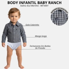 Body Infantil Baby Ranch Estilo Camisa Manga Longa Xadrez Azul Marinho/ Bege E Azul Claro Logo Marinho REF:4001