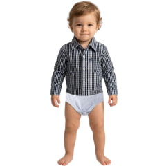 Body Infantil Baby Ranch Estilo Camisa Manga Longa Xadrez Azul Marinho/ Bege E Azul Claro Logo Marinho REF:4001