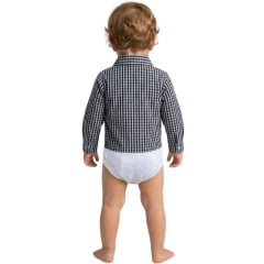 Body Infantil Baby Ranch Estilo Camisa Manga Longa Xadrez Azul Marinho/ Bege E Azul Claro Logo Marinho REF:4001