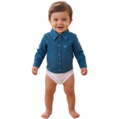 Body Infantil Baby Ranch Estilo Camisa Manga Longa Xadrez Azul Royal Marinho Logo Azul Claro REF:4001