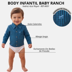 Body Infantil Baby Ranch Estilo Camisa Manga Longa Xadrez Azul Royal Marinho Logo Azul Claro REF:4001