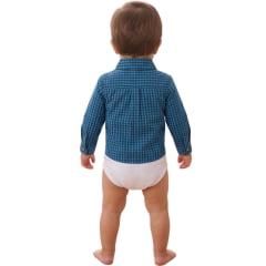 Body Infantil Baby Ranch Estilo Camisa Manga Longa Xadrez Azul Royal Marinho Logo Azul Claro REF:4001