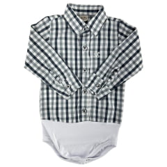 Body Infantil Baby Ranch Estilo Camisa Manga Longa Xadrez Cinza E Branco Logo Prata Ref:4001