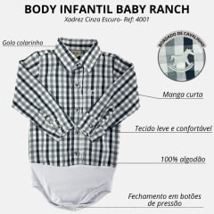 Body Infantil Baby Ranch Estilo Camisa Manga Longa Xadrez Cinza E Branco Logo Prata Ref:4001