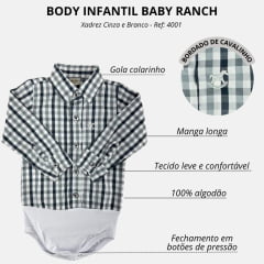 Body Infantil Baby Ranch Estilo Camisa Manga Longa Xadrez Cinza E Branco Logo Prata Ref:4001