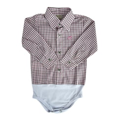 Body Infantil Baby Ranch Estilo Camisa Manga Longa Xadrez Marrom E Rosa Ref:4001