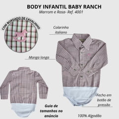 Body Infantil Baby Ranch Estilo Camisa Manga Longa Xadrez Marrom E Rosa Ref:4001