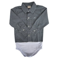 Body Infantil Baby Ranch Estilo Camisa Manga Longa Xadrez Preto E Cinza Ref:4001