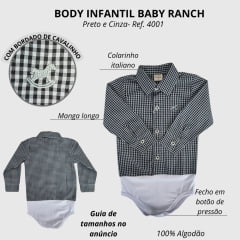 Body Infantil Baby Ranch Estilo Camisa Manga Longa Xadrez Preto E Cinza Ref:4001