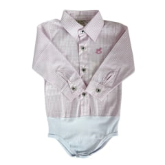 Body Infantil Baby Ranch Estilo Camisa Manga Longa Xadrez Rosa E Branco Ref:4001