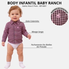 Body Infantil Baby Ranch Estilo Camisa Manga Longa Xadrez Rosa E Preto Logo Rosa Bebe REF:4001