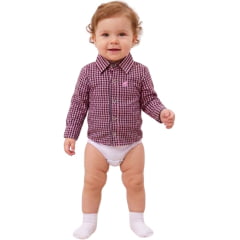 Body Infantil Baby Ranch Estilo Camisa Manga Longa Xadrez Rosa E Preto Logo Rosa Bebe REF:4001