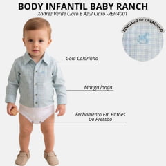 Body Infantil Baby Ranch Estilo Camisa Manga Longa Xadrez Verde Claro E Azul Claro Logo Azul Claro REF:4001