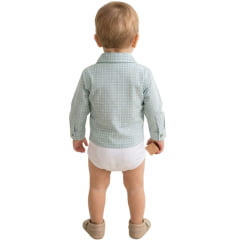 Body Infantil Baby Ranch Estilo Camisa Manga Longa Xadrez Verde Claro E Azul Claro Logo Azul Claro REF:4001