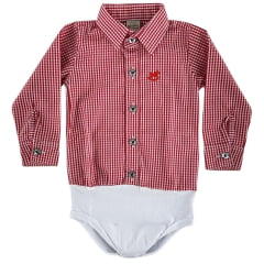 Body Infantil Baby Ranch Estilo Camisa Manga Longa Xadrez Vermelho E Branco Logo Vermelho Ref:4001