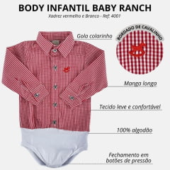 Body Infantil Baby Ranch Estilo Camisa Manga Longa Xadrez Vermelho E Branco Logo Vermelho Ref:4001