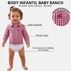 Body Infantil Baby Ranch Estilo Camisa Manga Longa Xadrez Vermelho Vinho E Branco Logo Bordô REF:4001