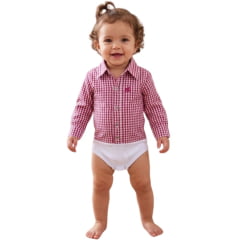 Body Infantil Baby Ranch Estilo Camisa Manga Longa Xadrez Vermelho Vinho E Branco Logo Bordô REF:4001