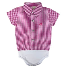 Body Infantil Baby Ranch Manga Curta Estilo Camisa Xadrez Grande Branco e Pink - REF: 4002