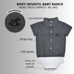 Body Infantil Baby Ranch Manga Curta Estilo Camisa Xadrez Pequena Branco e Preto - REF: 4002