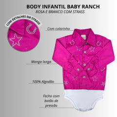 Body Infantil Baby Ranch M.Longa Estilo Camisa Pink Bordados Estrela/Ferradura C/Brilho