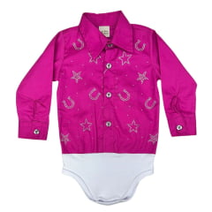 Body Infantil Baby Ranch M.Longa Estilo Camisa Pink Bordados Estrela/Ferradura C/Brilho