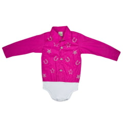 Body Infantil Baby Ranch M.Longa Estilo Camisa Pink Bordados Estrela/Ferradura C/Brilho