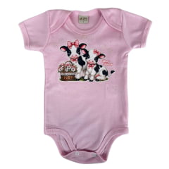 Body Infantil Baby Ranch Malha Manga Curta Feminino Rosa BB Com Estampa De Vaquinhas Ref:1406