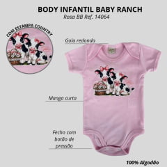 Body Infantil Baby Ranch Malha Manga Curta Feminino Rosa BB Com Estampa De Vaquinhas Ref:1406