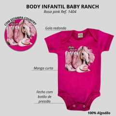 Body Infantil Baby Ranch Malha Manga Curta Feminino Rosa Pink Com Estampa De Cavalo Botas Chapéu Rosa Ref:1404