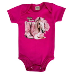 Body Infantil Baby Ranch Malha Manga Curta Feminino Rosa Pink Com Estampa De Cavalo Botas Chapéu Rosa Ref:1404