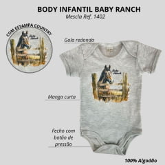 Body Infantil Baby Ranch Malha Manga Curta Masculino Cinza Mescla Com Estampa De Cavalo na Cerca Ref:1402