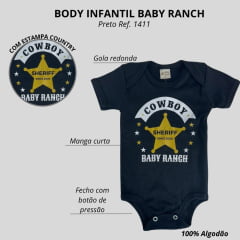 Body Infantil Baby Ranch Malha Manga Curta Masculino Preto Com Estampa Cowboy Sheriff Ref:1411