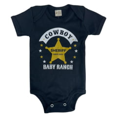 Body Infantil Baby Ranch Malha Manga Curta Masculino Preto Com Estampa Cowboy Sheriff Ref:1411