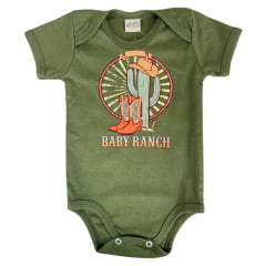 Body Infantil Baby Ranch Malha Manga Curta Masculino Verde Com Estampa Cactos Bota Chapéu Ref:1413