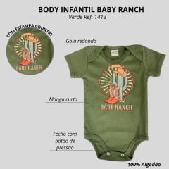 Body Infantil Baby Ranch Malha Manga Curta Masculino Verde Com Estampa Cactos Bota Chapéu Ref:1413