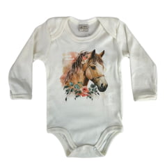 Body Infantil Baby Ranch Malha Manga Longa Feminino Pérola Com Estampa Cavalo E Flores Ref:1048