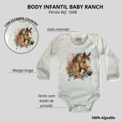 Body Infantil Baby Ranch Malha Manga Longa Feminino Pérola Com Estampa Cavalo E Flores Ref:1048