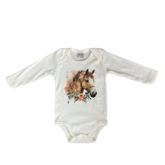 Body Infantil Baby Ranch Malha Manga Longa Feminino Pérola Com Estampa Cavalo E Flores Ref:1048