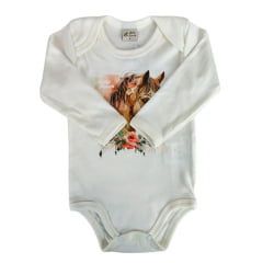 Body Infantil Baby Ranch Malha Manga Longa Feminino Pérola Com Estampa Cavalo E Flores Ref:1048