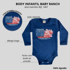 Body Infantil Baby Ranch Malha Manga Longa Masculino Azul Marinho Com Estampa Baby Ranch Country Ref:1401