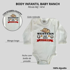 Body Infantil Baby Ranch Malha Manga Longa Masculino Pérola Com Estampa Chapéu Western Ref:1414